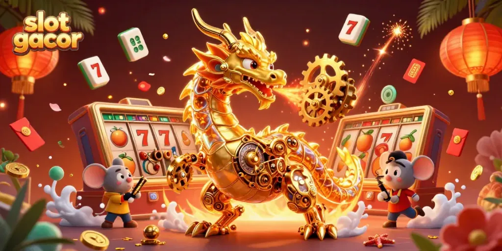 Experience the thrill of slot gacor with an engaging scene featuring a mechanical dragon surrounded by vibrant game symbols.