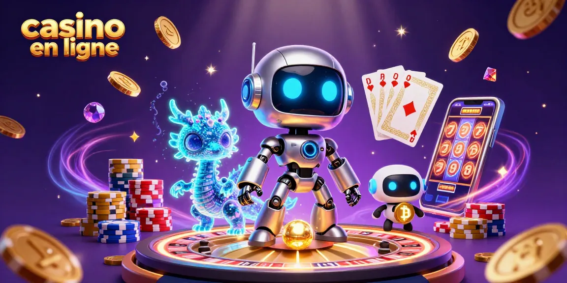 Jouez au casino en ligne avec un robot cyberpunk et un dragon holographique dans un univers captivant.