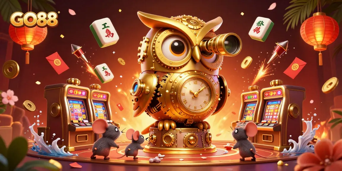Engage with GO88's vibrant casino scene featuring a golden owl, mice patrons, and lively gaming elements.