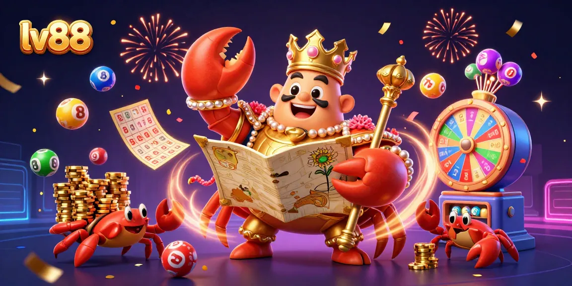 Win big at lv88 with vibrant lottery balls and a crowned crab emperor in a dynamic casino scene.