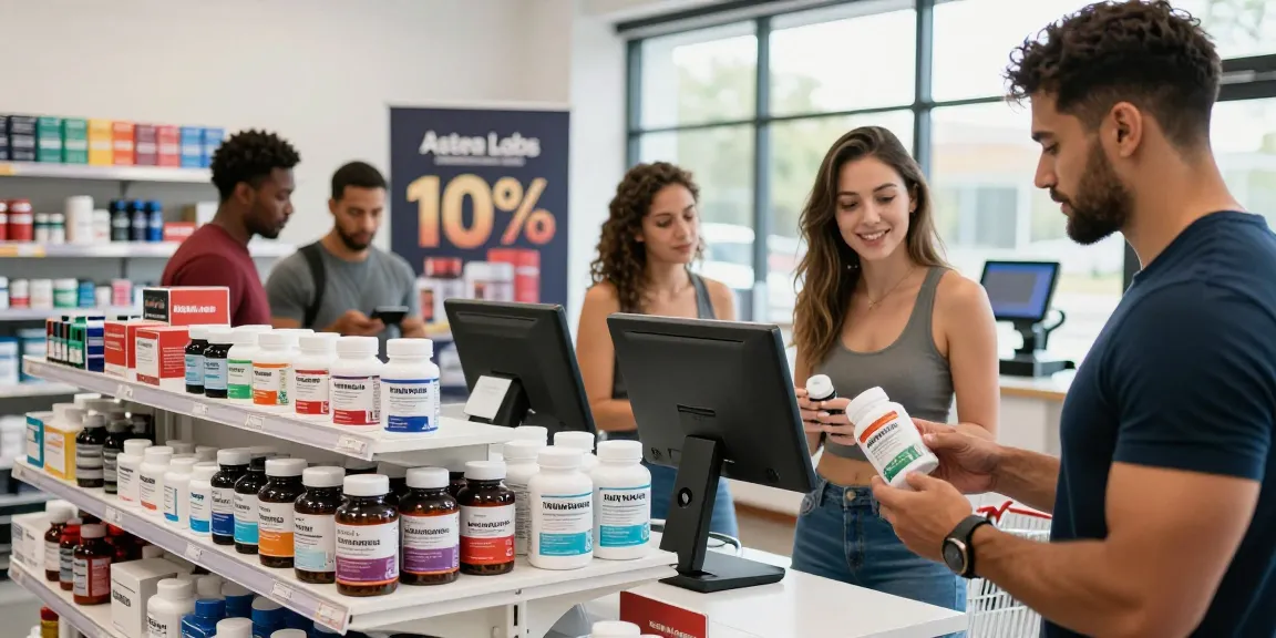 A diverse group of fitness enthusiasts shopping at Astera Shop for quality steroids, showcasing various products in a modern retail setting.