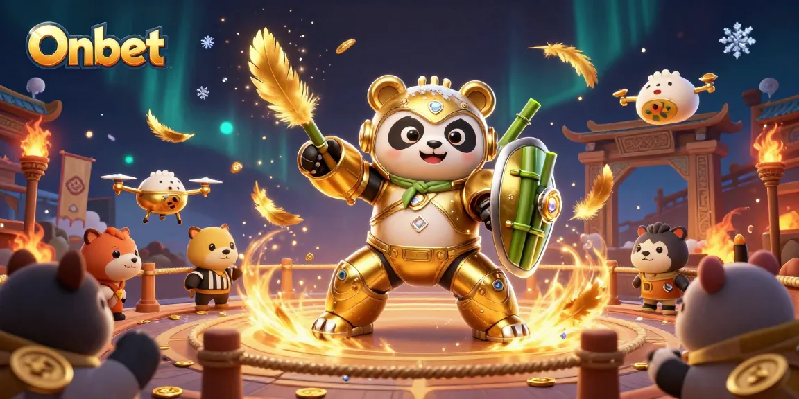Experience thrilling action at Onbet with a mech-suit panda in an exciting gambling arena.