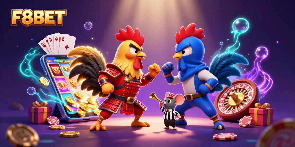 F8BET showcases a thrilling duel between samurai and ninja roosters, surrounded by dynamic casino elements.