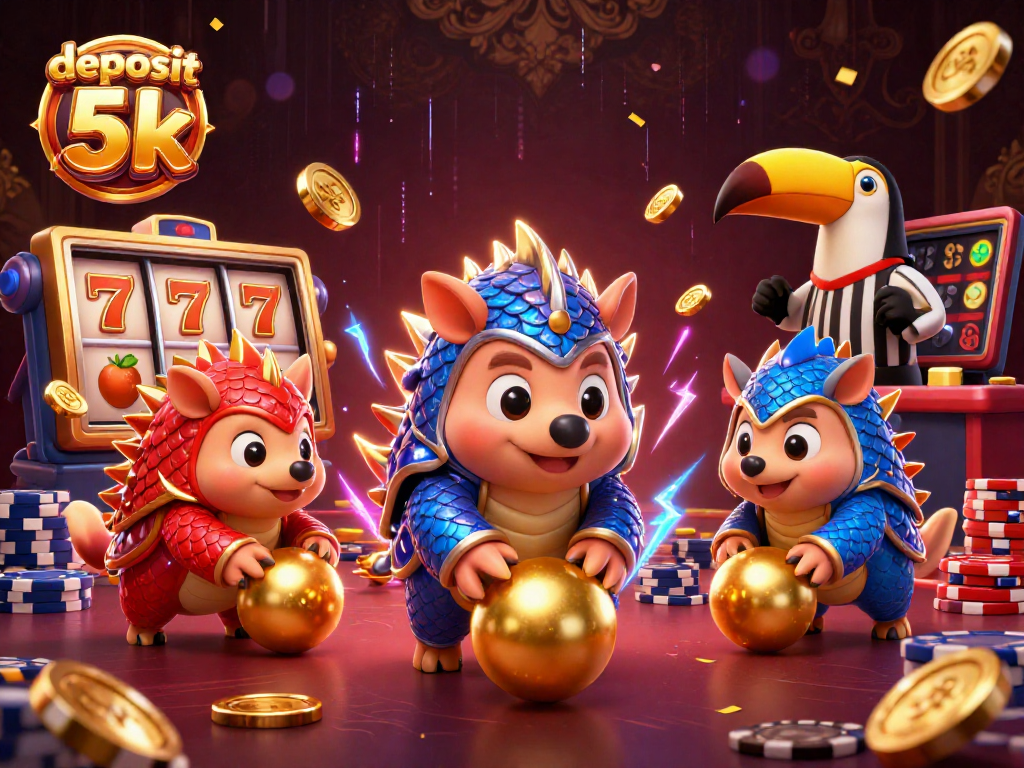Spin the reels for deposit 5k wins in this dynamic 3D slot-themed illustration.