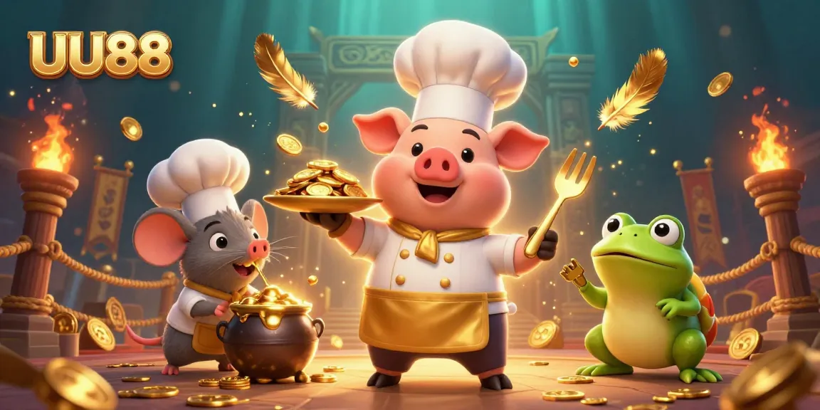 Join the excitement at UU88 with a whimsical 3D casino scene featuring animated characters and golden treasures.