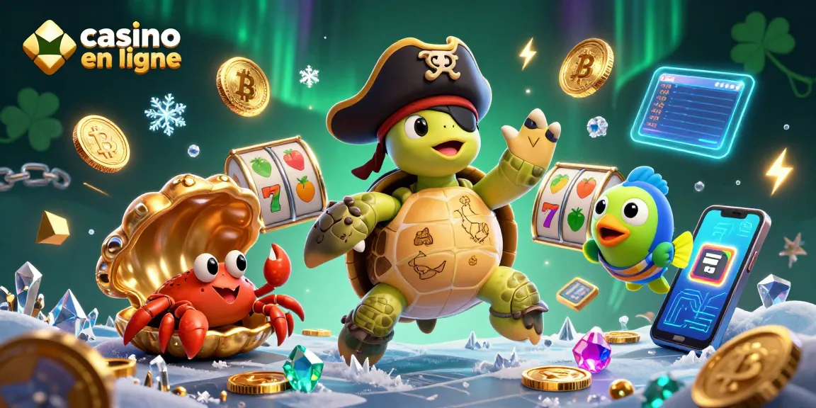 Illustrez les jeux de casino en ligne avec une tortue pirate 3D et des objets de jeu.