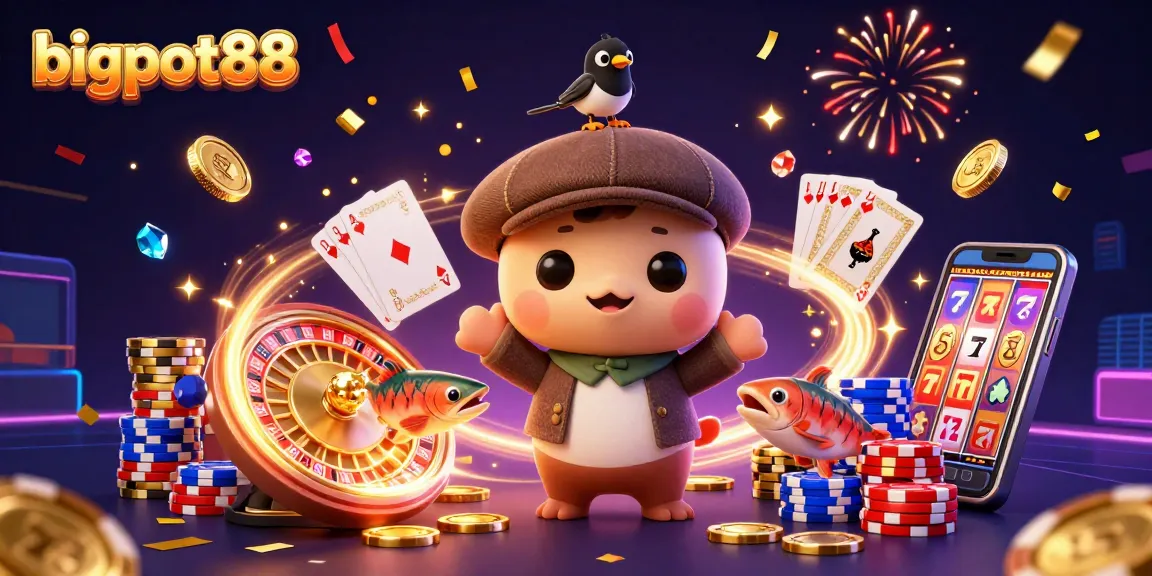 Spin to win with the vibrant bigpot88 scene featuring playful characters and dazzling casino elements.