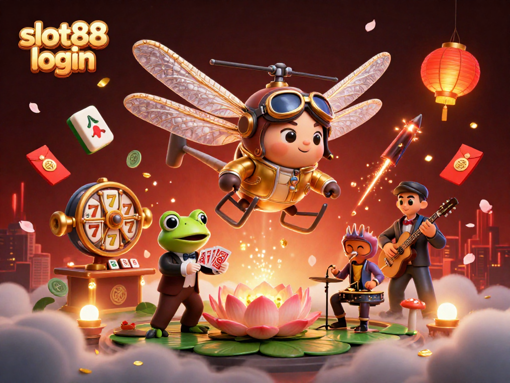 Win big with slot88 login at our vibrant casino scene filled with fun characters and slot reels.