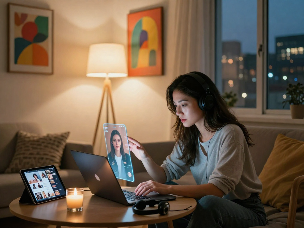 Engaging moment between user and AI gf in a cozy urban setting, showcasing technology integration.