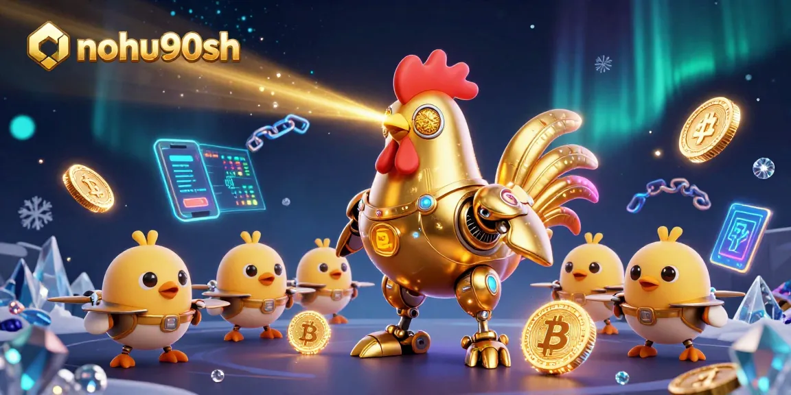 Play exciting games at nohu90sh, featuring a vibrant casino scene with neon cryptocurrencies.