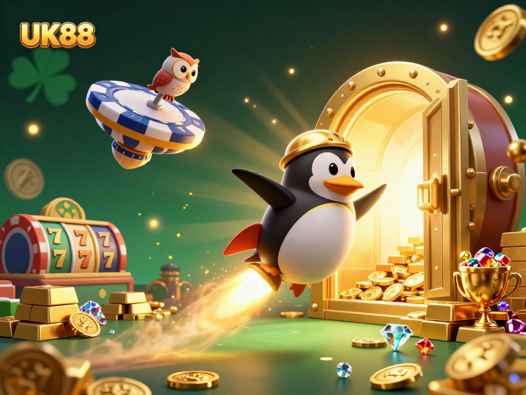 Experience thrilling gameplay at UK88 with a vibrant 3D illustration of a golden penguin in space.