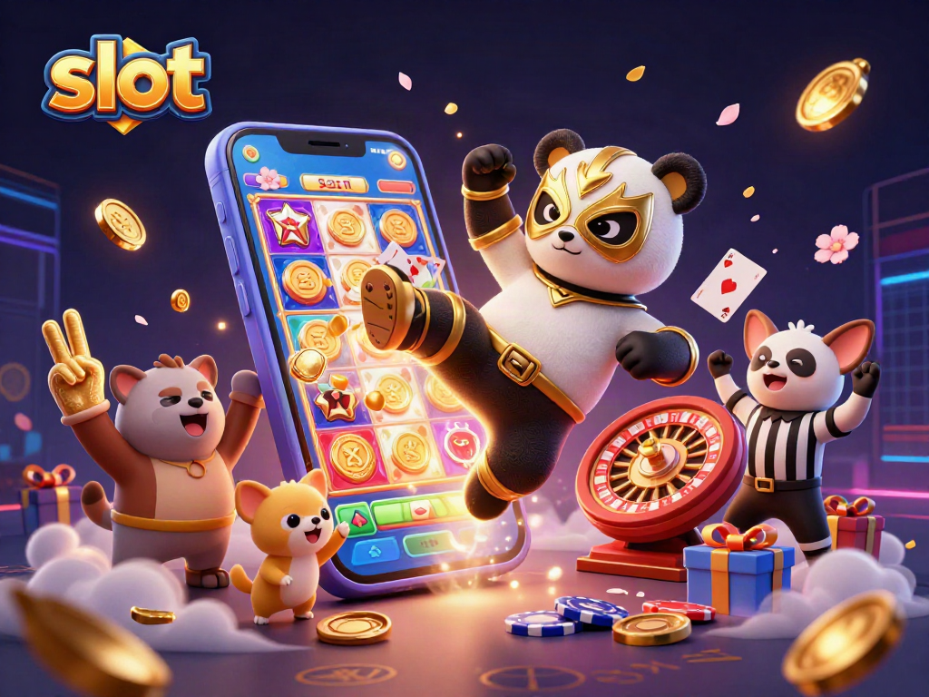 Witness the excitement of slot gaming with a panda wrestler, captivating animations, and lively animal spectators.