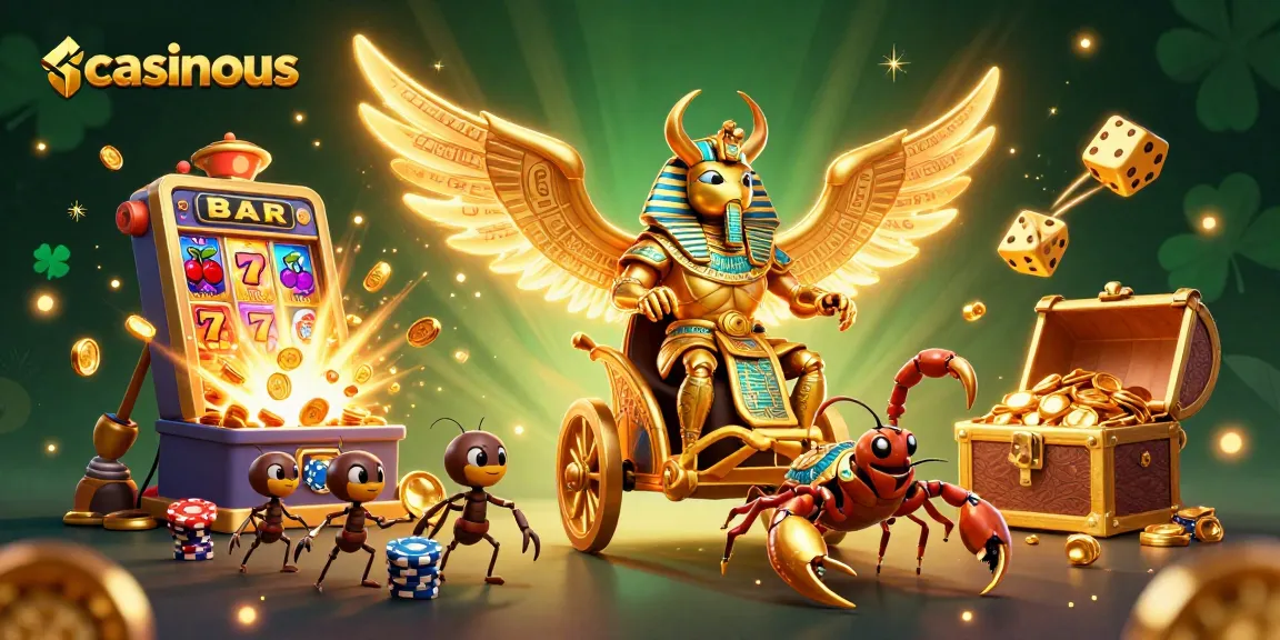 Casinous presents a vibrant 3D cartoon illustration featuring a golden scarab beetle in pharaoh armor amidst an explosion of casino game elements, symbolizing joyous gaming.