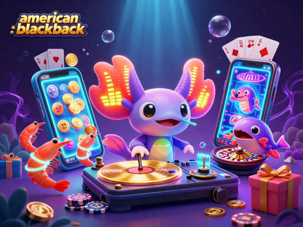 Experience engaging american-blackjack action with a vibrant axolotl DJ scene featuring casino gaming elements.