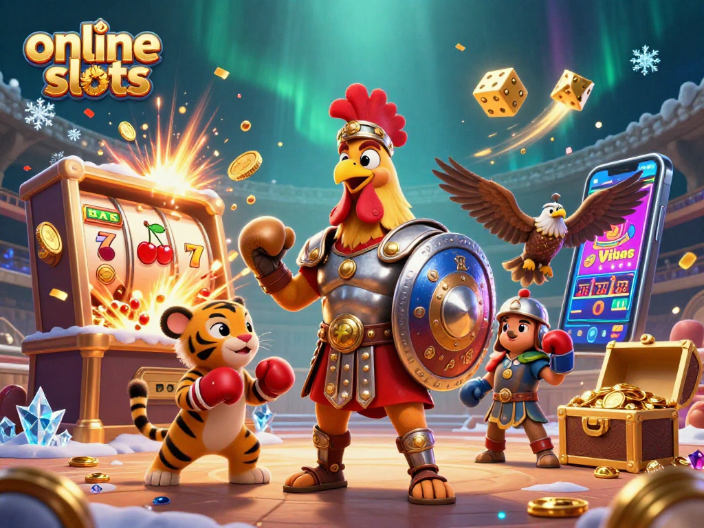 Experience thrilling online slots with a dynamic scene featuring energetic gladiators and vibrant game symbols.