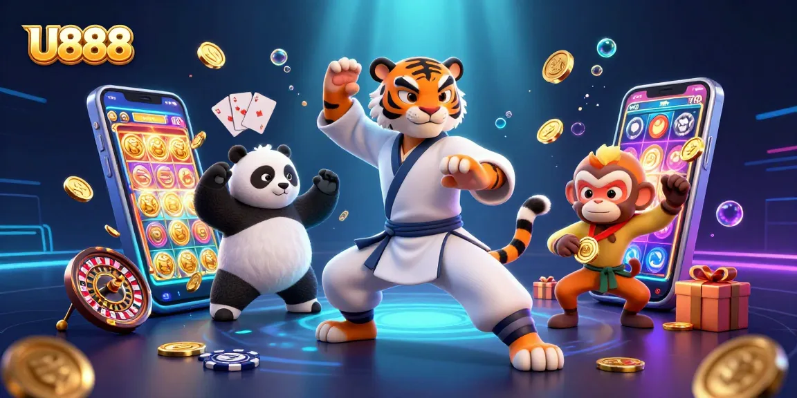 Engage in thrilling gaming at U888 with dynamic action featuring kung fu characters and vibrant casino elements.