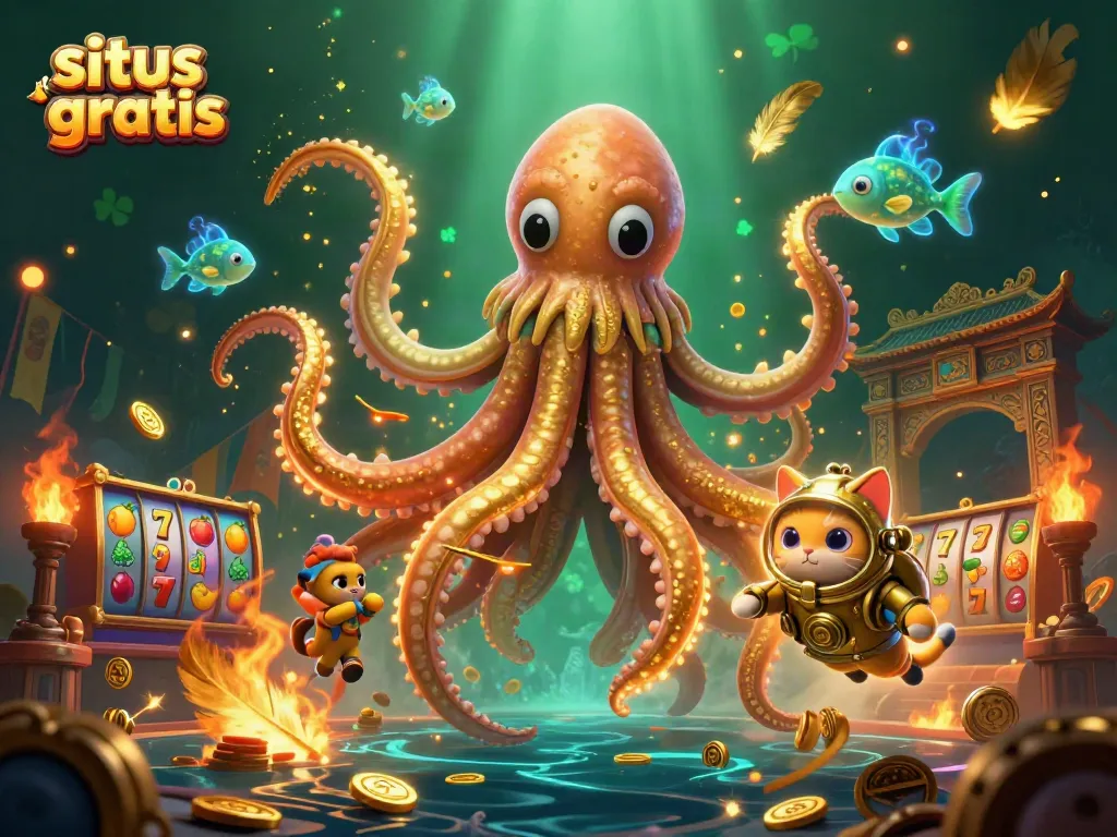 Experience the excitement of situs slot gratis with vibrant slot reels and a grand kraken.