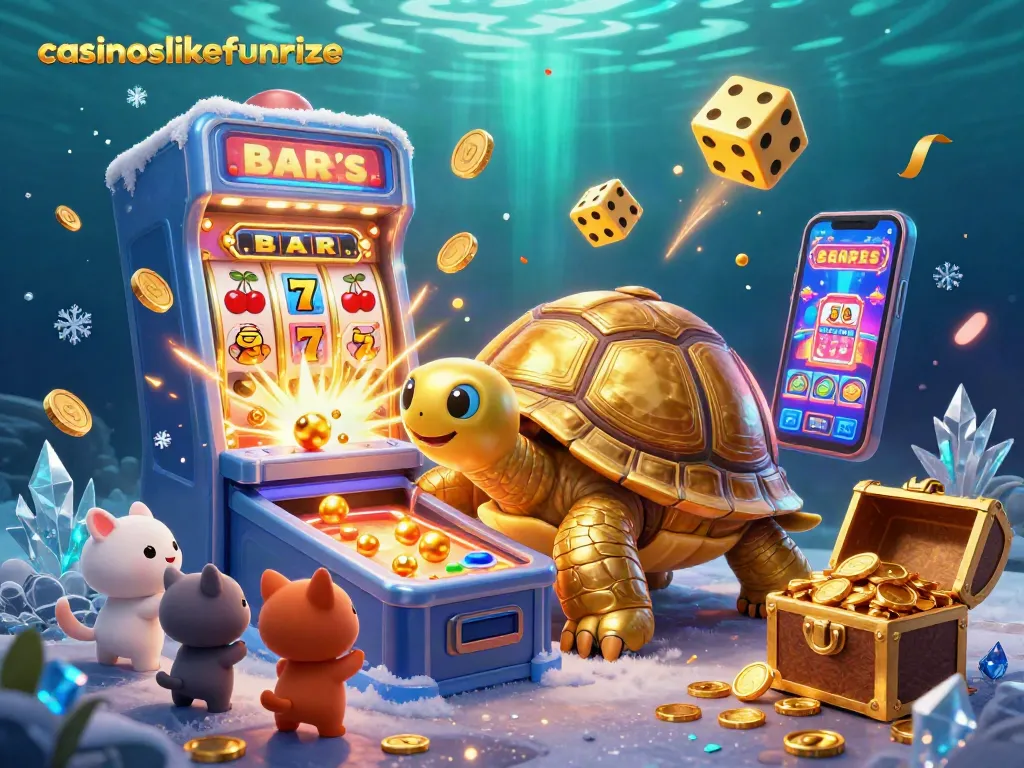 Experience casinoslikefunrize with a vibrant 3D gaming scene featuring exciting slot machines and animated characters.