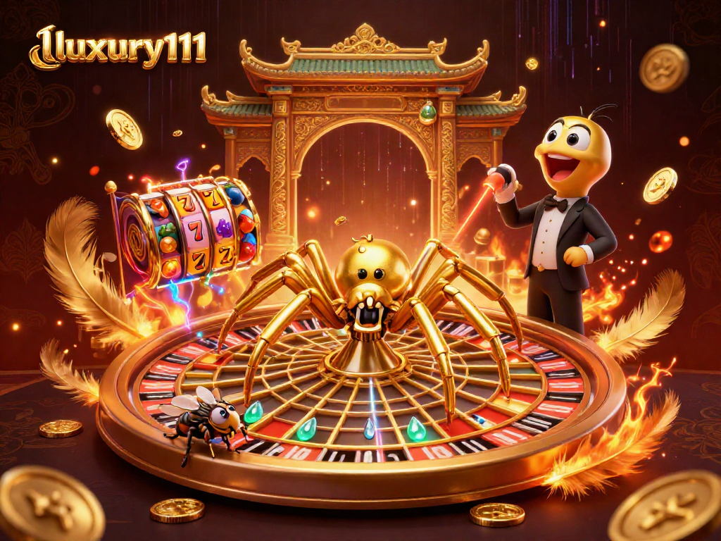 Engage with luxury111 as the golden spider spins a roulette wheel web in this dynamic casino illustration.