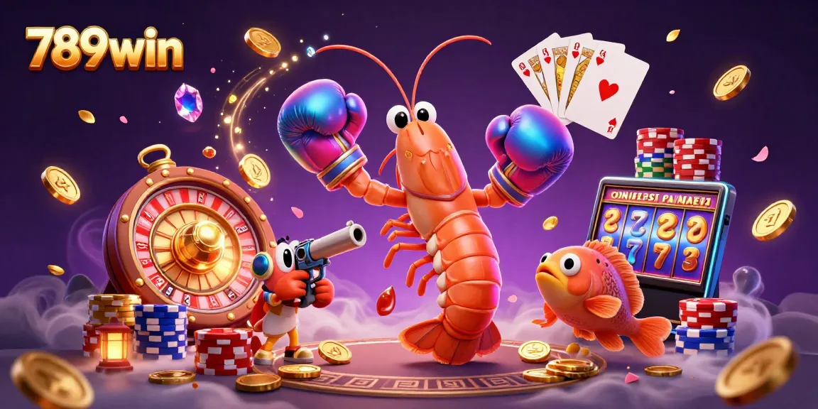 Engage with 789win's vibrant gaming scene featuring animated shrimp characters and casino elements.