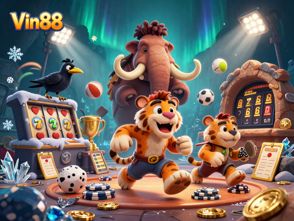 Experience thrilling plays at Vin88 with a vibrant prehistoric casino scene capturing excitement.