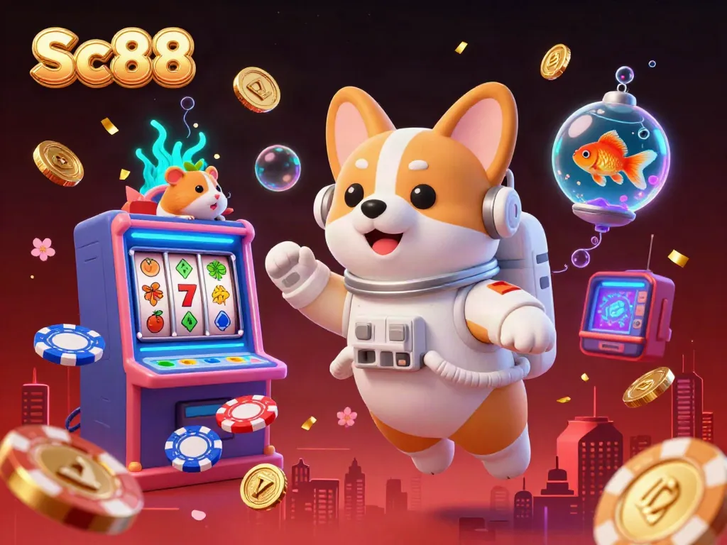 Experience the excitement of Sc88 in a vibrant space casino with cartoon characters amidst drifting coins and festive elements.