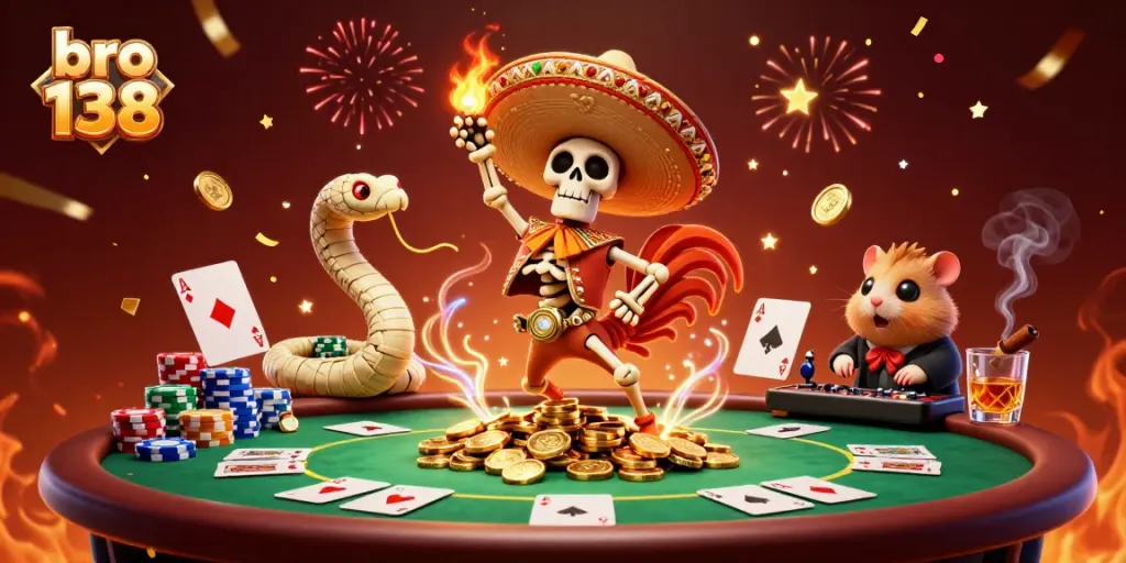 Experience the excitement of bro 138 with dynamic 3D casino characters celebrating jackpots in colorful confetti.