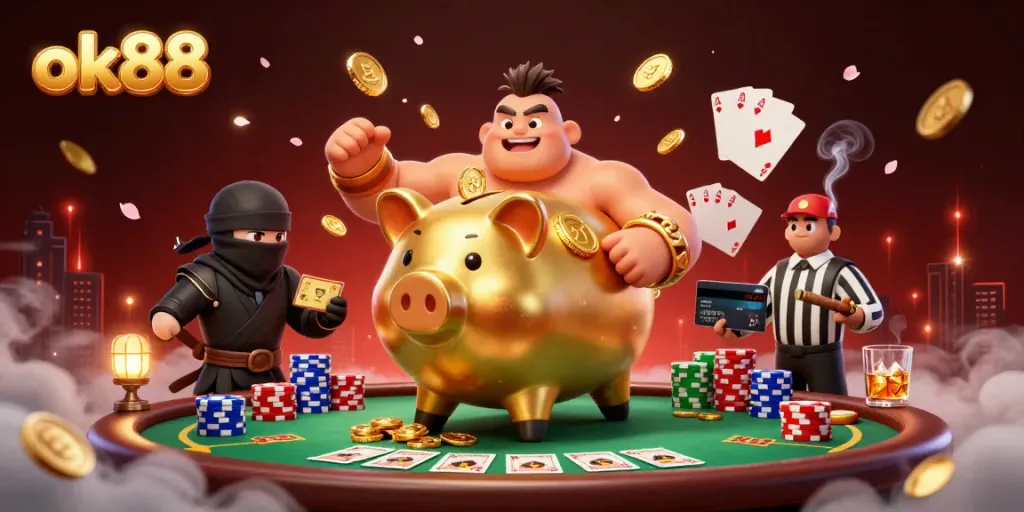 Experience big wins with ok88's golden piggy bank sumo wrestler and dynamic gaming elements all around.