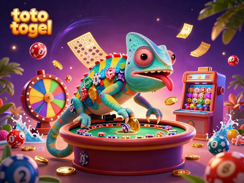 Experience excitement with the colorful toto togel scene of a chameleon casino owner and bouncing lottery balls.