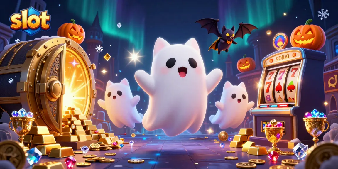 Watch slot gameplay with friendly ghost cat and vampire bat in a haunted casino.