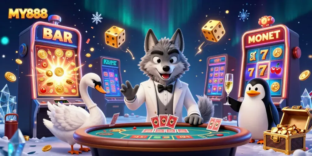 Engage with MY888's vibrant casino experience featuring animated characters at a baccarat table.