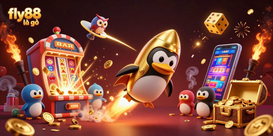 Engage with fly88 là gì while watching a vibrant golden penguin racing towards a casino space station.