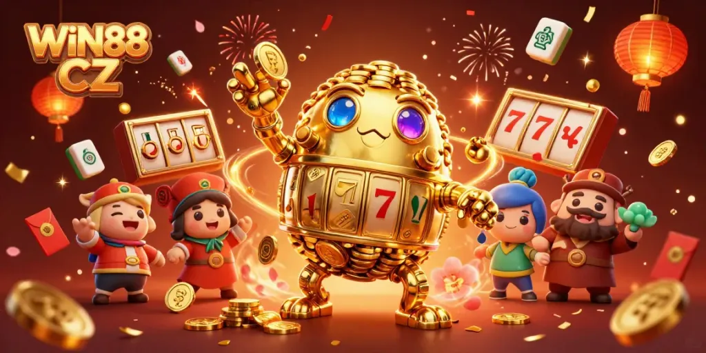 Experience the WIN88 CZ thrill with a vibrant, energetic 3D casino illustration showcasing golden golems and slot reels.