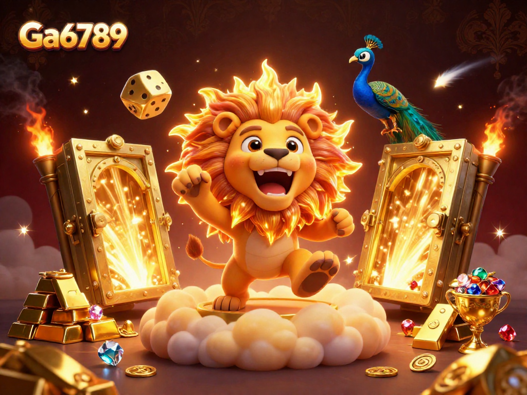 Experience Ga6789 with a vibrant 3D casino scene featuring an energized sun lion and dazzling treasures.