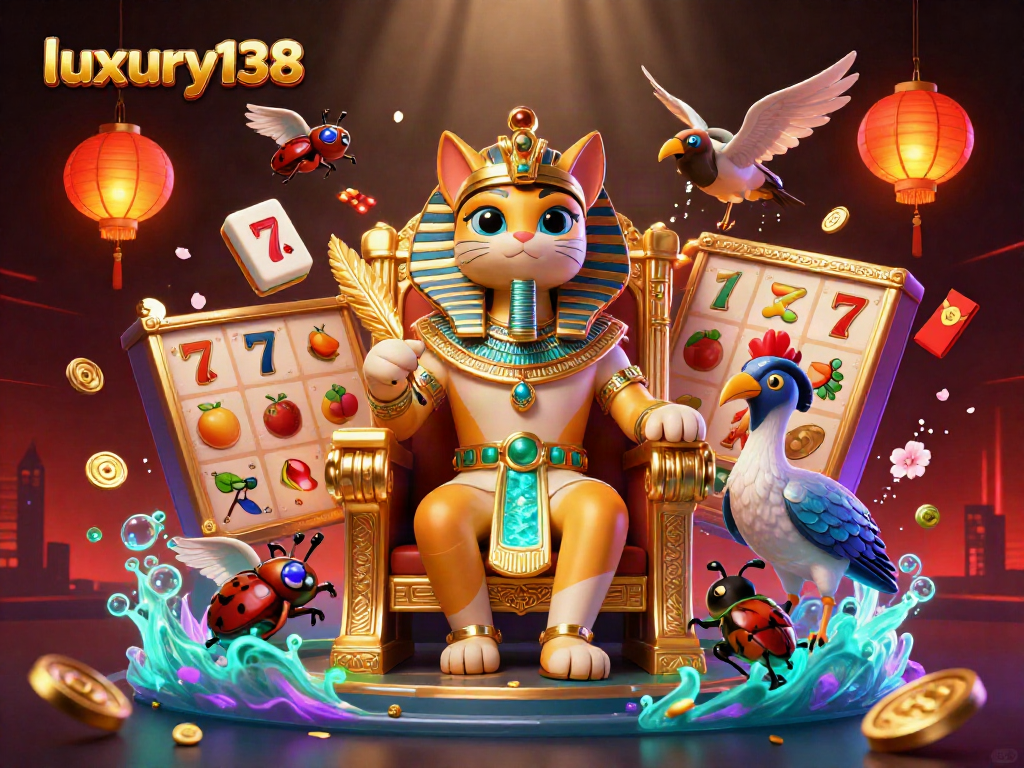 luxury138 mendemonstrasikan jackpot slot dengan simbol keberuntungan dalam ilustrasi kasino mewah