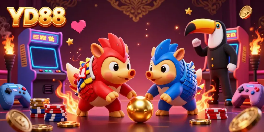 YD88 casino pangolins rolling golden balls amidst poker chips, vibrant arcade machines in view.