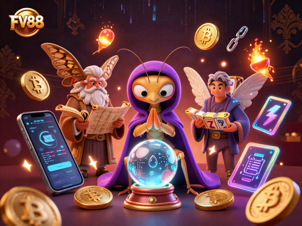 FV88's dynamic gambling scene featuring a vibrant fortune teller and lucky symbols.