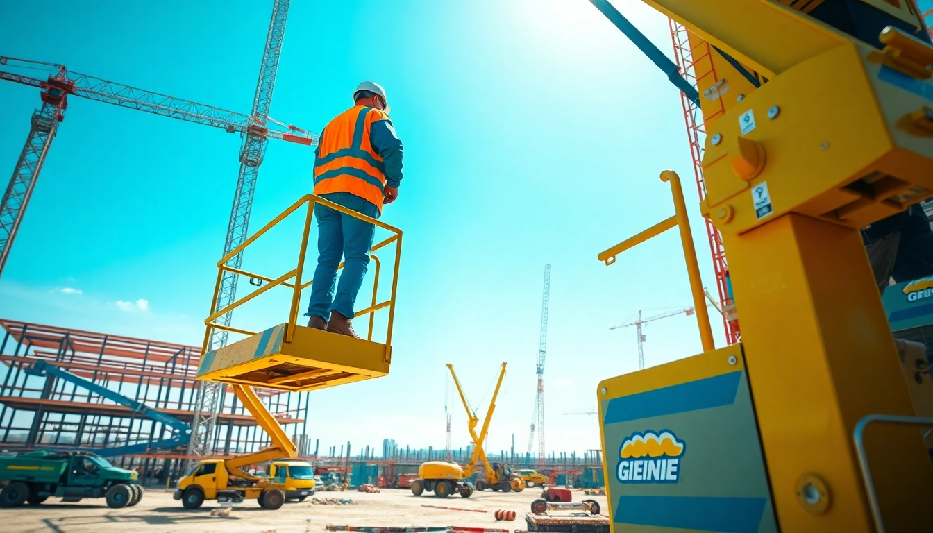 Efficient genie lift elevating workers on a construction site, showcasing its safety features.