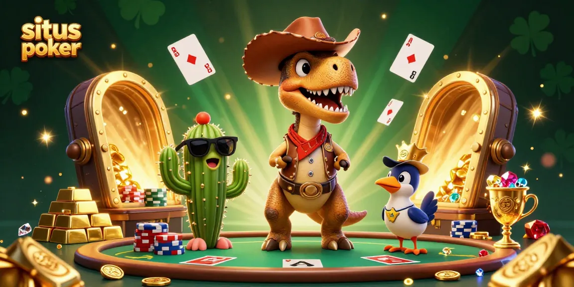 Join the fun in situs poker with a dinosaur, cactus, and roadrunner in this vibrant casino scene.
