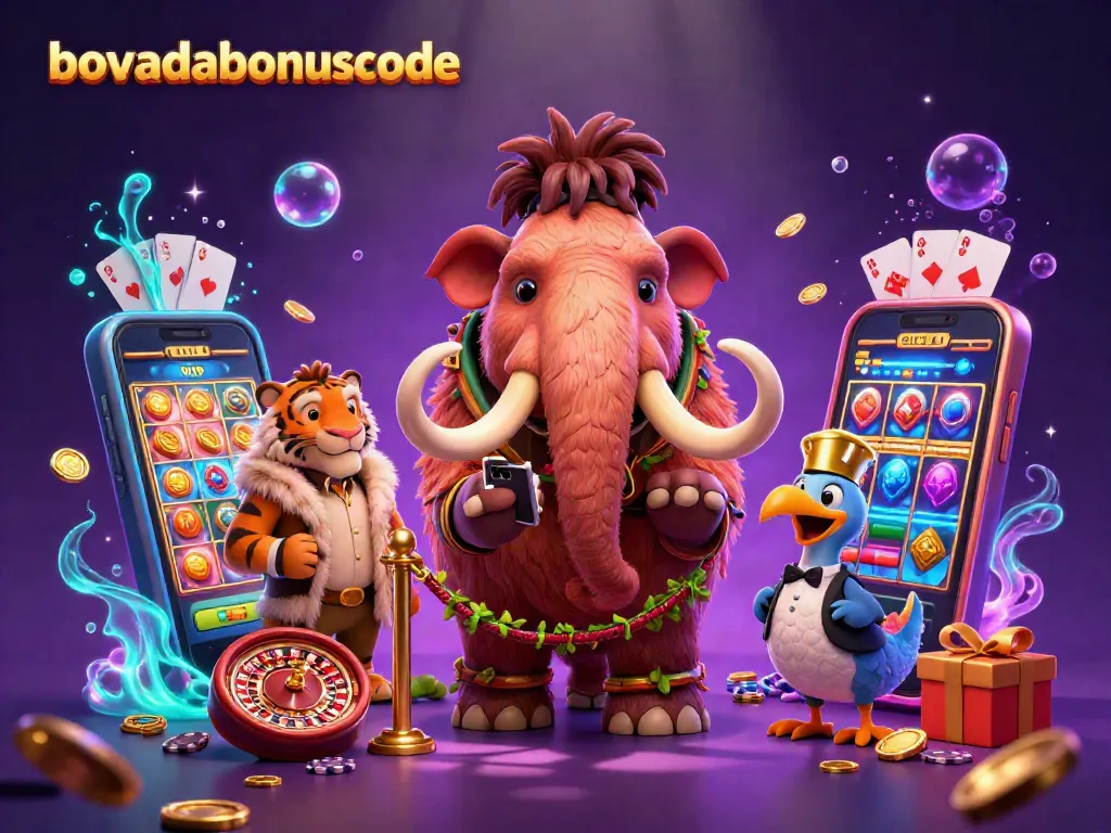 Engage with bovadabonuscode as a mammoth checks IDs while casino elements swirl around in vibrant energy.
