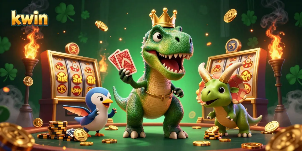 Kwin offers thrilling casino fun as a T-Rex shuffles cards while lively illustrations surround a jackpot atmosphere.