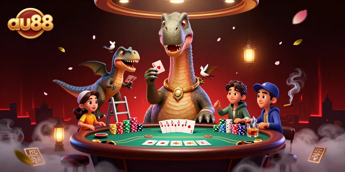 au88 showcases a vibrant 3D casino scene with a giant brontosaurus overseeing a poker game.