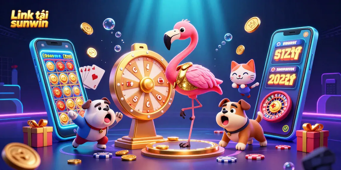 Experience excitement with Link tải sunwin in this 3D illustration of a game show scene filled with dynamic casino elements.