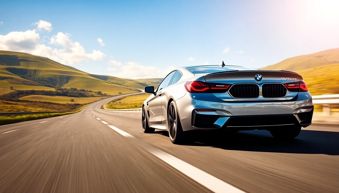Luxury BMW car driving on a scenic route, showcasing its elegance and performance.