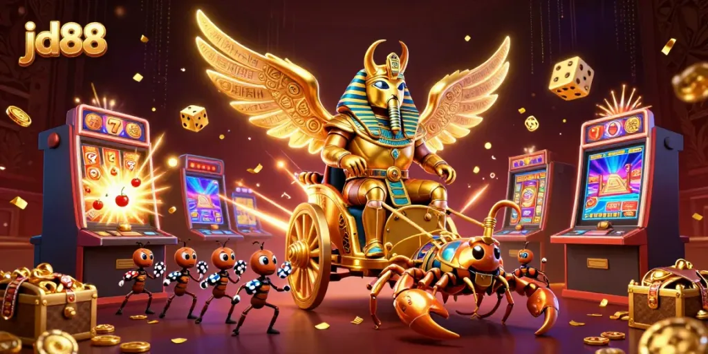 Experience the excitement of jd88's online gaming with a vibrant 3D illustration of a golden scarab and casino elements.