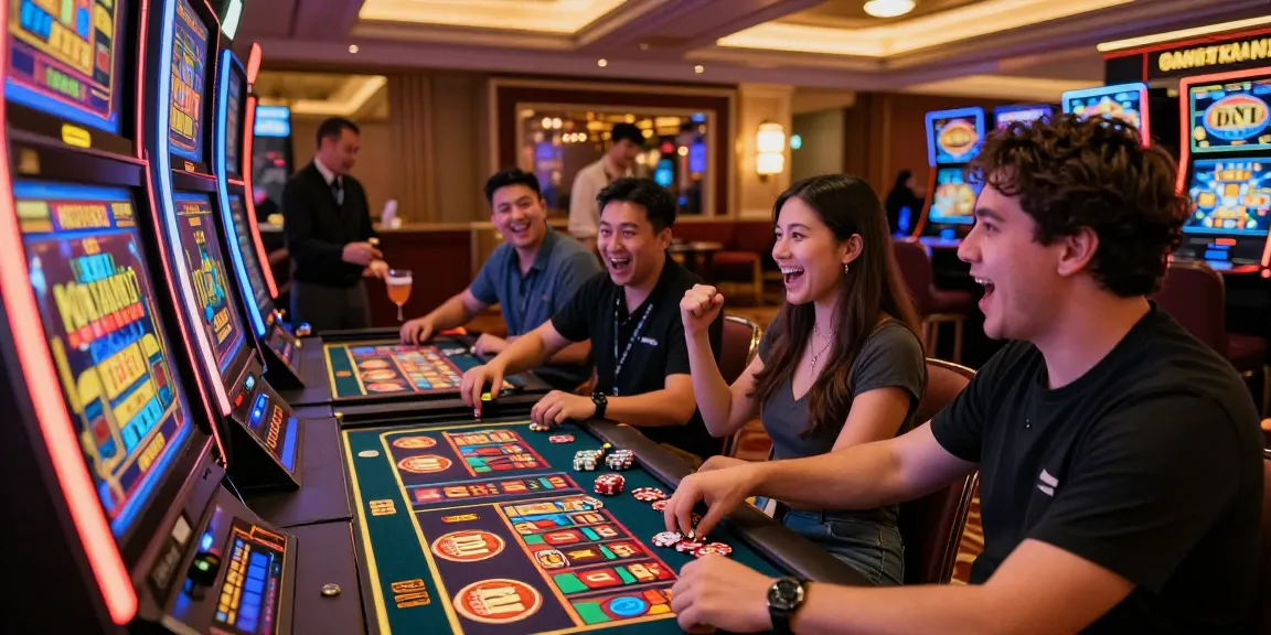 Players enjoying the 777 slot game at a vibrant casino with exciting atmosphere.