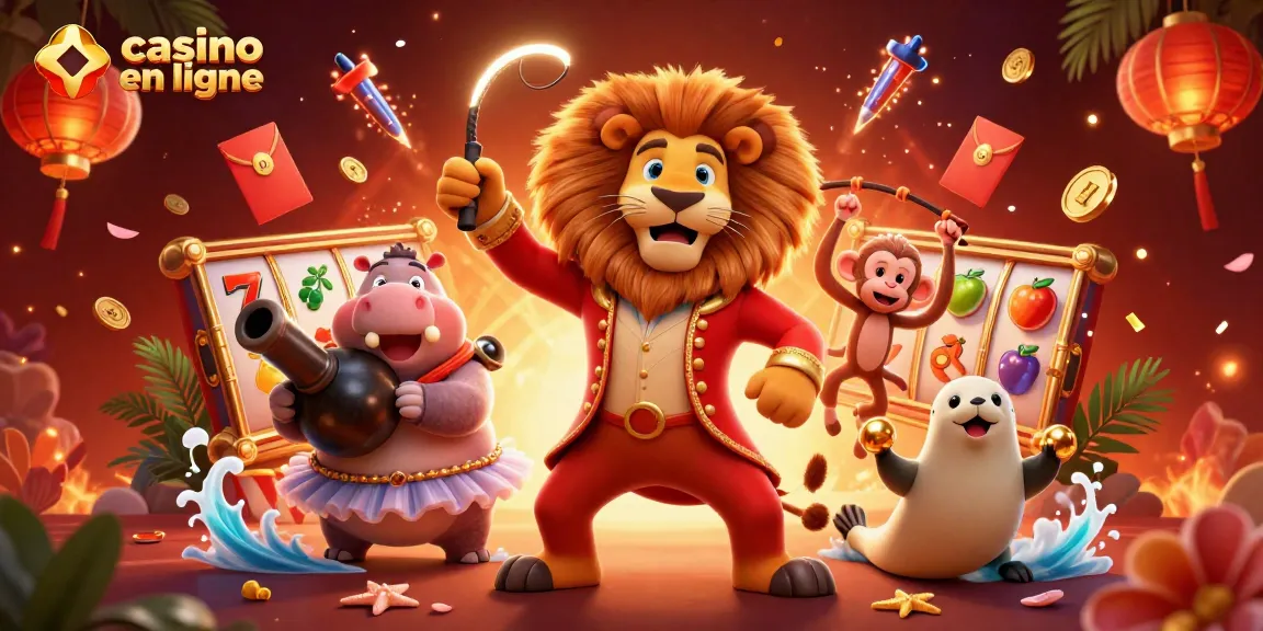Scène animée représentant le casino en ligne avec des personnages de cirque, des éléments de jeu et des décorations festives.
