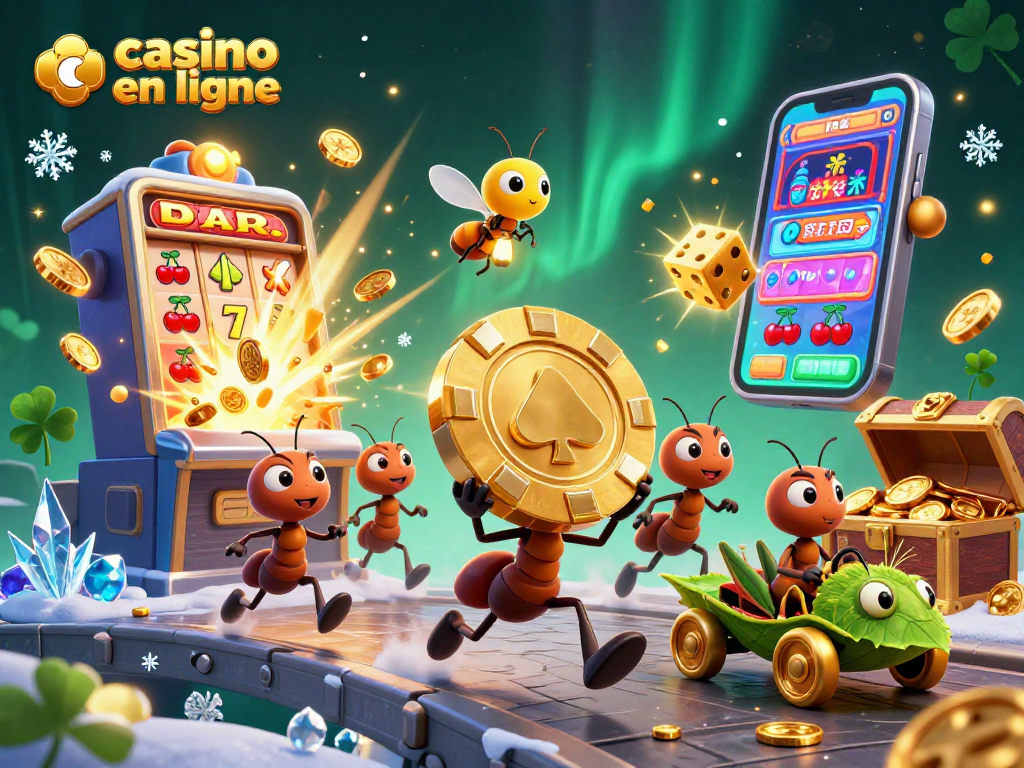 Jouez sur un casino en ligne avec des fourmis en plein vol portant une puce de poker dorée.