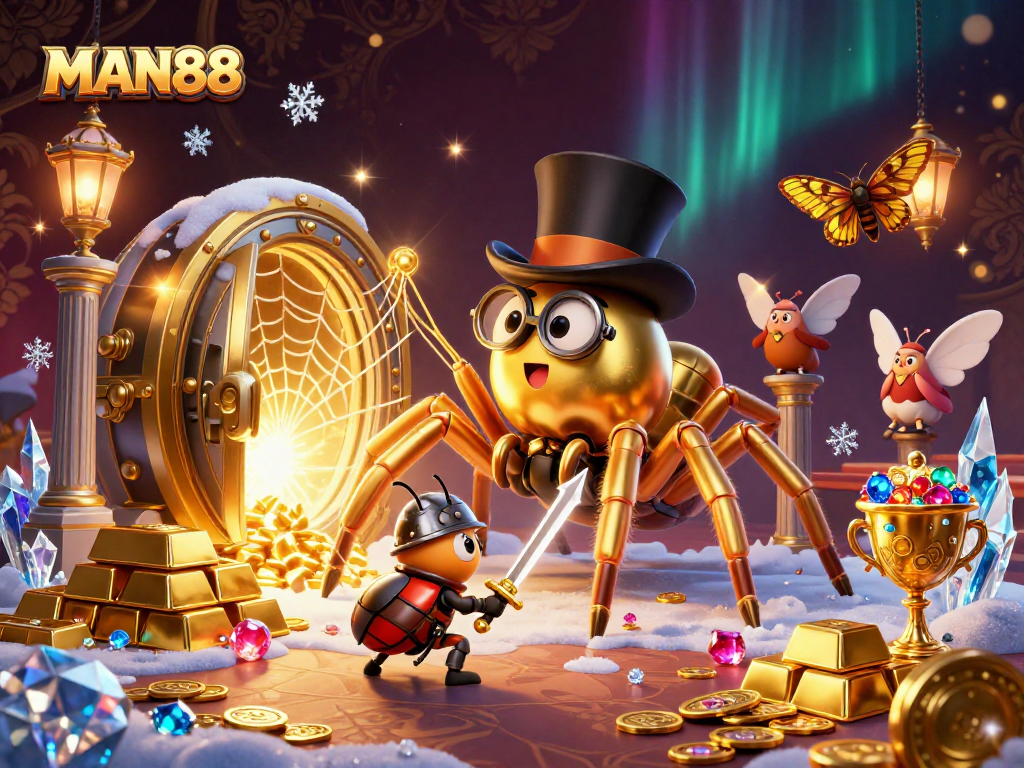 Experience thrilling gameplay at MAN88 with a golden tarantula weaving excitement in a vibrant casino world.