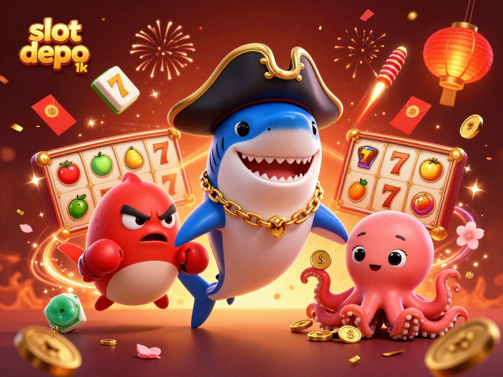 Spin to win at slot depo 1k with animated characters celebrating big wins and vibrant casino elements.